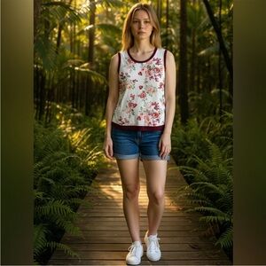 Acting Pro White Floral Tank with Burgundy Trim